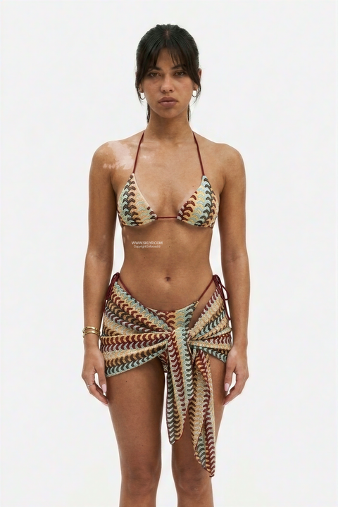 3-Piece Boho Zigzag Bikini & Sarong Set