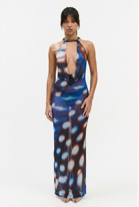 Abstract Bokeh Mesh Halter Maxi Dress