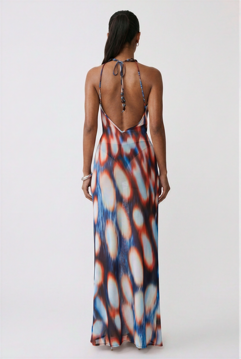 Abstract Bokeh Mesh Halter Maxi Dress