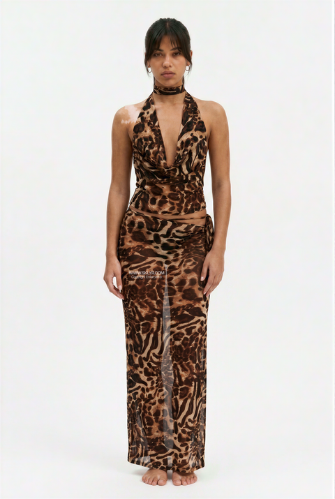 Leopard Print Sheer Mesh Halter Two-Piece Set