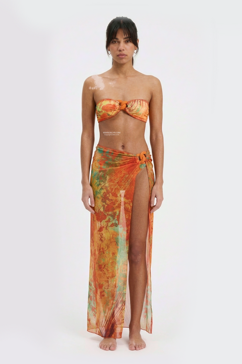 Sunset Floral Sheer Bandeau Maxi 3-Piece Bikini