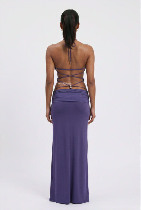 Purple Ruched Cutout Hardware Maxi Dress