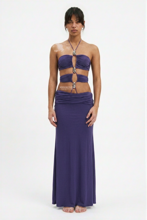 Purple Ruched Cutout Hardware Maxi Dress