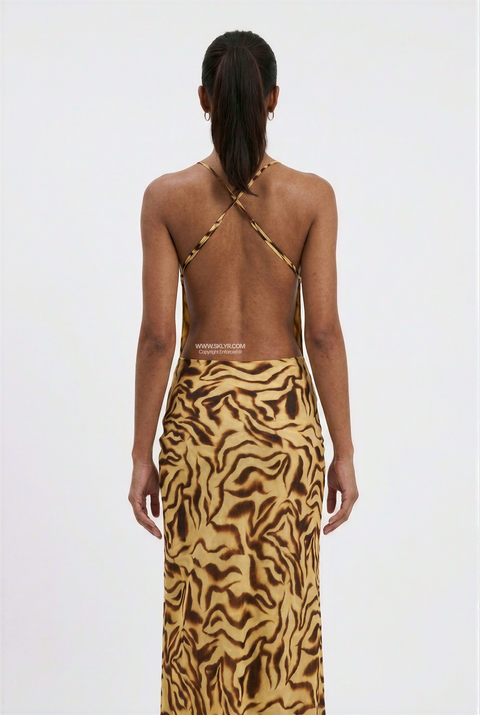 Cowl Neck Abstract Animal Print Maxi Dress
