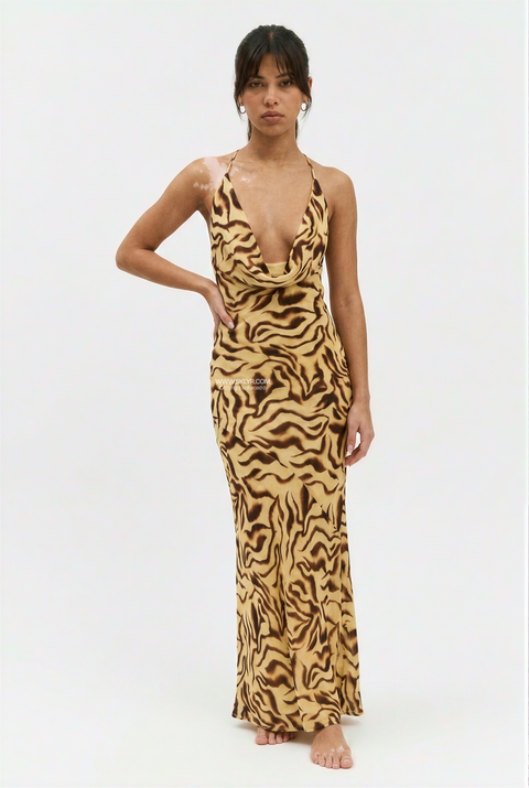 Cowl Neck Abstract Animal Print Maxi Dress