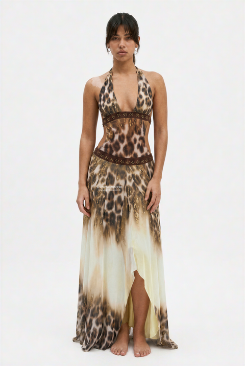 Leopard Print Halter Cutout Maxi Dress