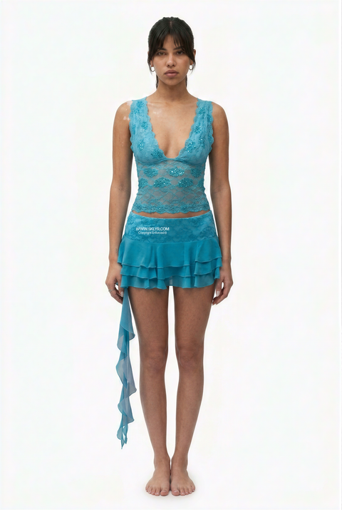 Turquoise Lace Ruffle Two-Piece Set