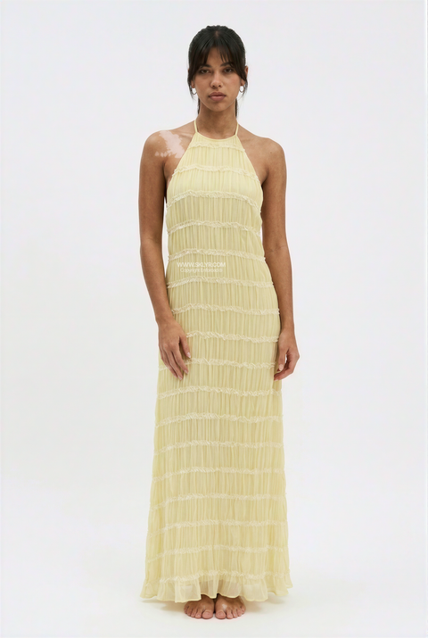 Yellow Tiered Halter Maxi Dress