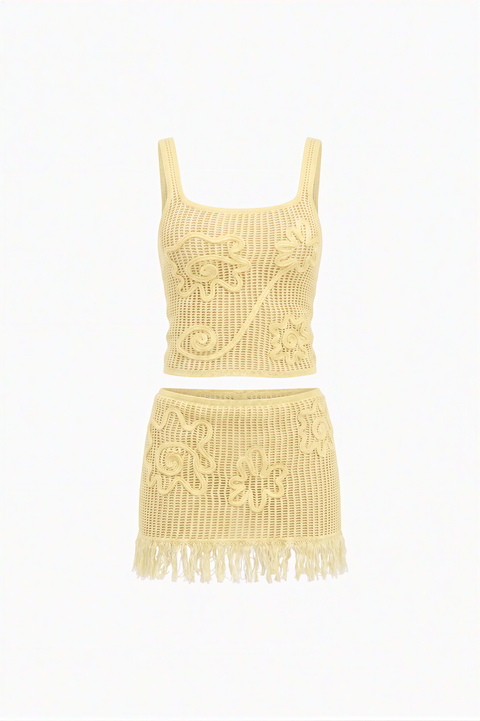 Yellow Fringed Crochet Swirl Two-Piece Set