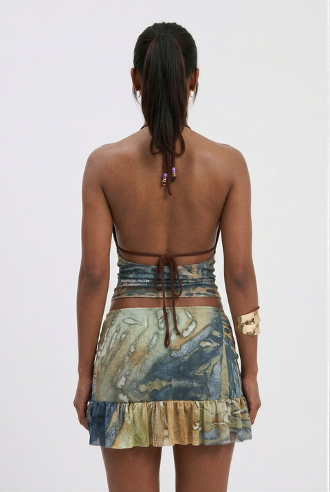 Embellished Crochet Halter & Abstract Mini Skirt Set