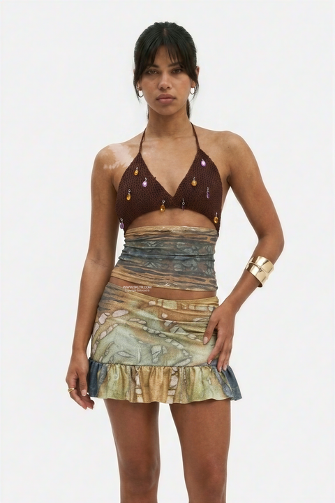 Embellished Crochet Halter & Abstract Mini Skirt Set