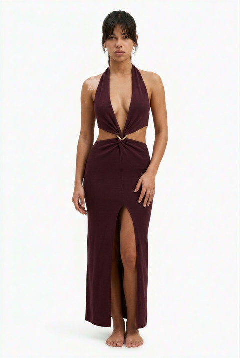 Plum Plunging Halter Cutout Maxi Dress