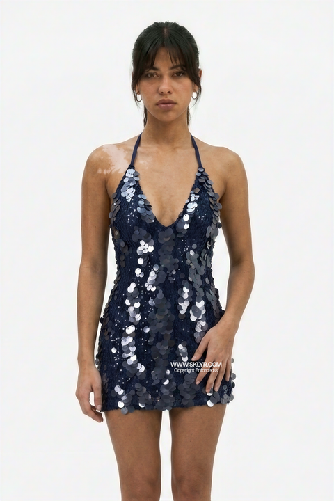 Navy Sequin Halter Mini Dress