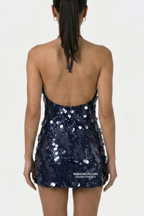 Navy Sequin Halter Mini Dress