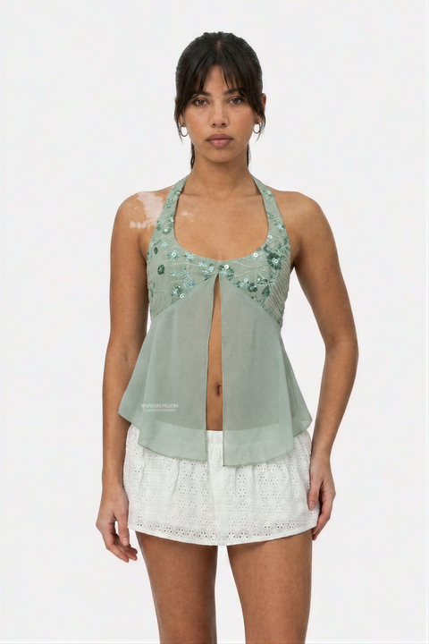 Sage Beaded Chiffon Flyaway Top