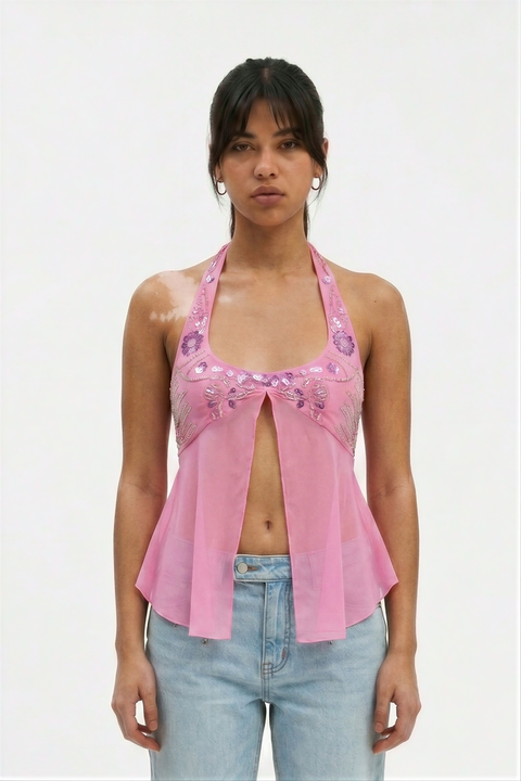 Sage Beaded Chiffon Flyaway Top