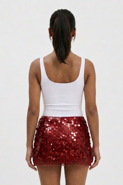 Red Beaded Fringe Sequin Skirt