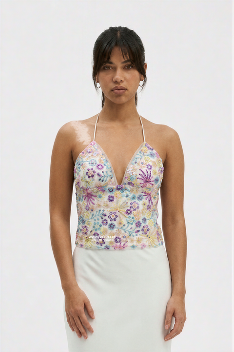 Embellished Floral Embroidered Halter Top