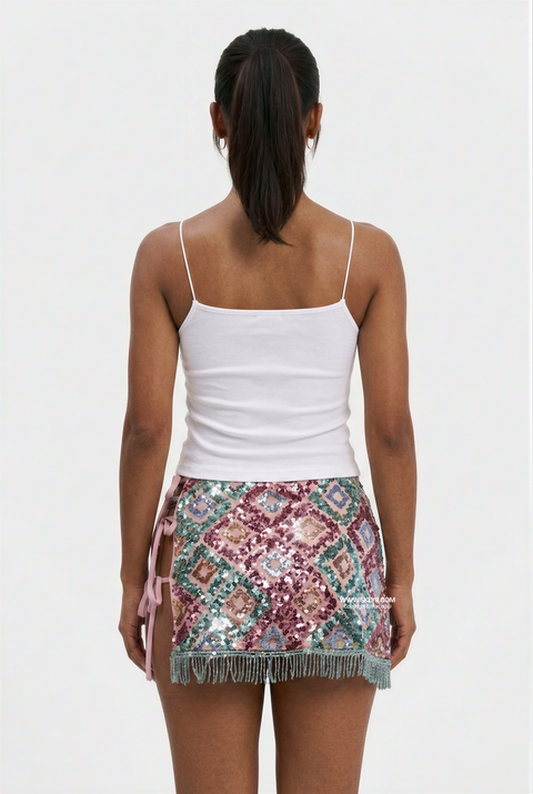 Geometric Diamond Sequin Fringe Mini Skirt