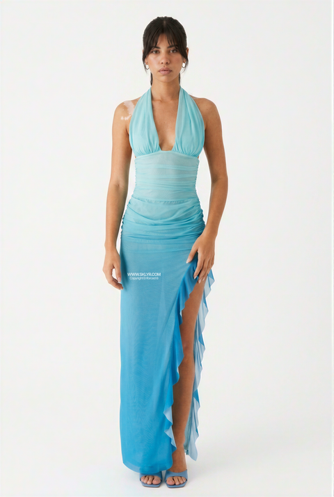 Light Blue Ruched Mesh Halter Maxi Dress