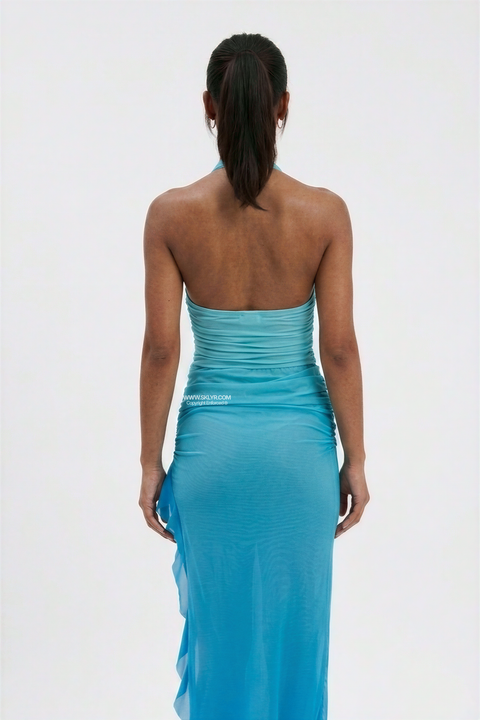 Light Blue Ruched Mesh Halter Maxi Dress