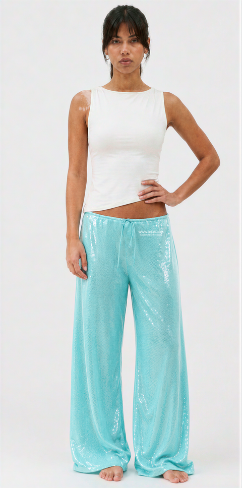Sequin Wide-Leg Drawstring Pants