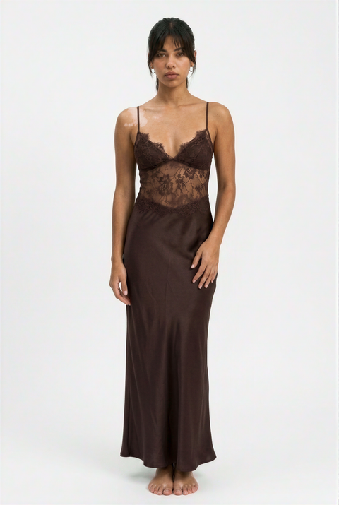 Brown Lace Bodice Satin Maxi Dress
