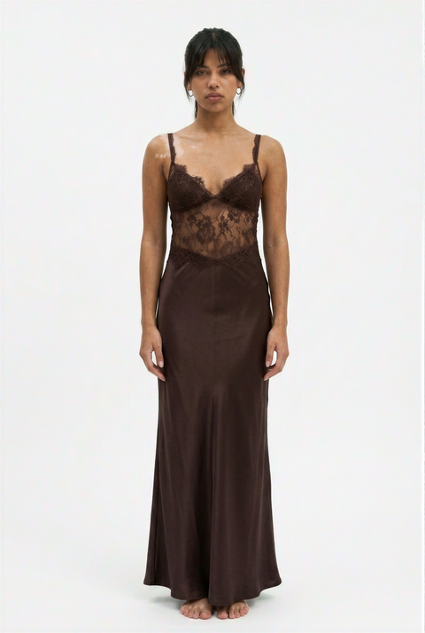 Brown Lace Bodice Satin Maxi Dress