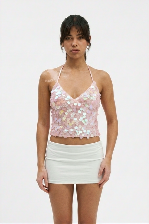 Pink Iridescent Paillette Halter  Top