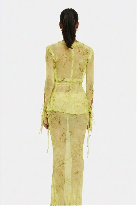 Sheer Abstract Print Tie-Front Maxi Set