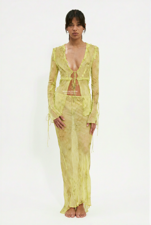 Sheer Abstract Print Tie-Front Maxi Set