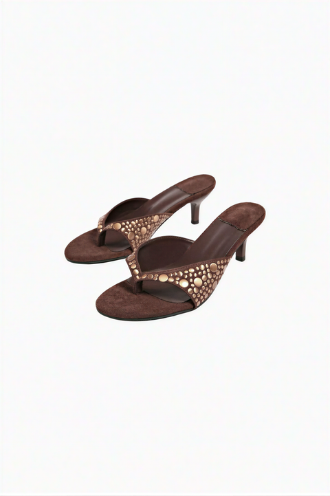 Brown Suede Studded Thong Sandals