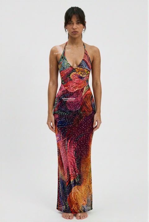 Abstract Psychedelic Mesh Halter Maxi Dress
