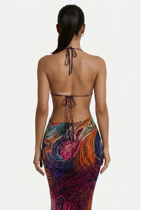 Abstract Psychedelic Mesh Halter Maxi Dress