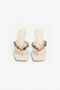Cream Stone-Embellished Heeled Thong Sandals
