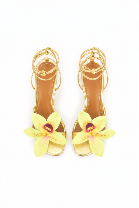 Gold Metallic Lace-Up Orchid Stiletto Sandals