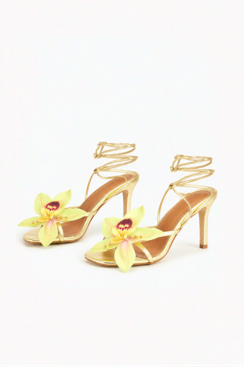 Gold Metallic Lace-Up Orchid Stiletto Sandals