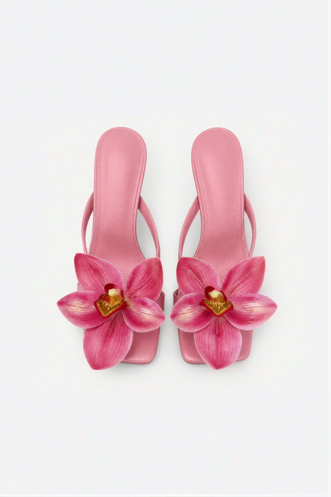 Pink Orchid Square-Toe Kitten Heel Sandals