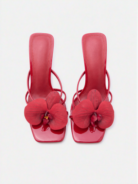 Red Patent Orchid Embellished Stiletto Sandals