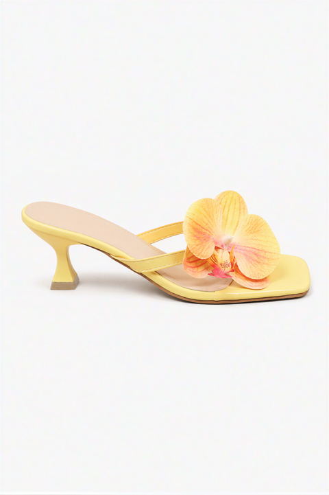 Lemon Yellow Orchid Embellished Kitten Heel Sandals