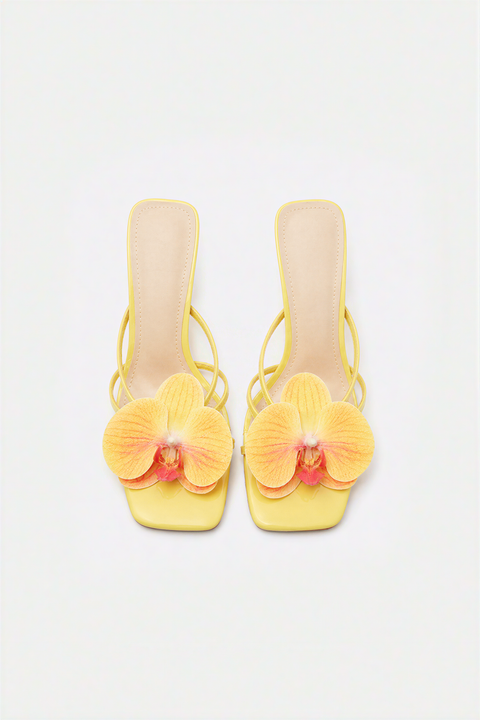 Lemon Yellow Orchid Embellished Kitten Heel Sandals