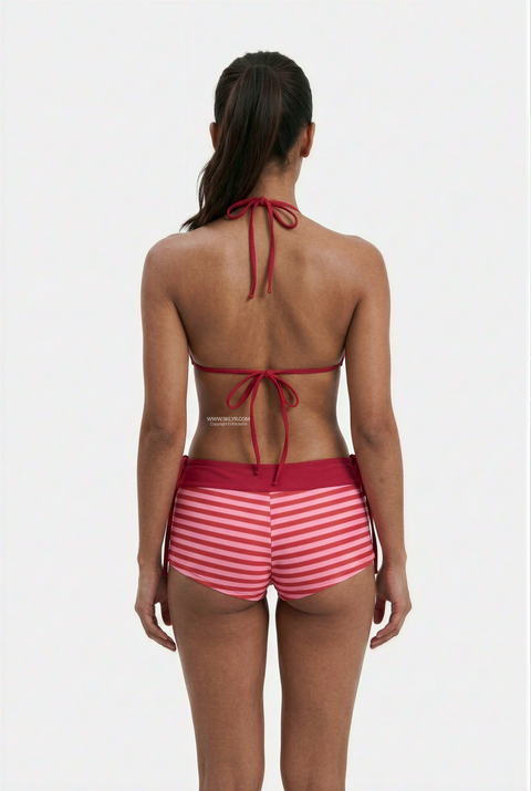 Retro Berry Striped Boyshort Bikini