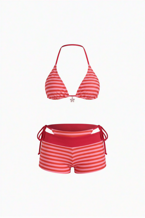 Retro Berry Striped Boyshort Bikini