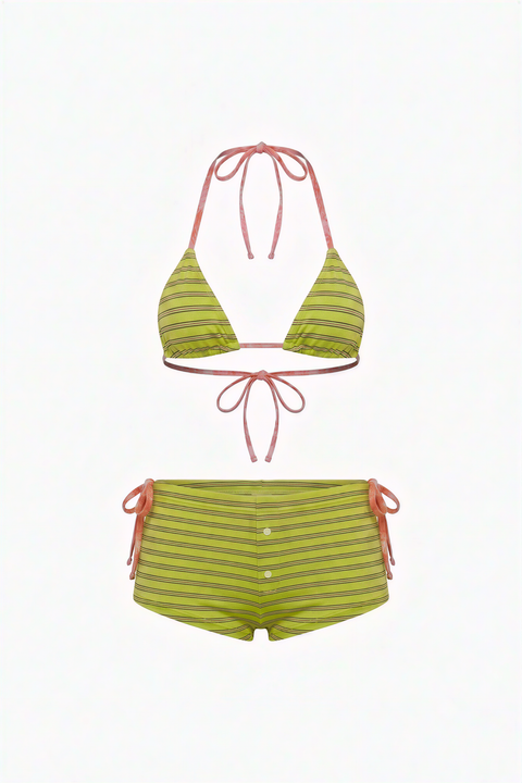Lime Green Striped Triangle 3-Piece Bikini