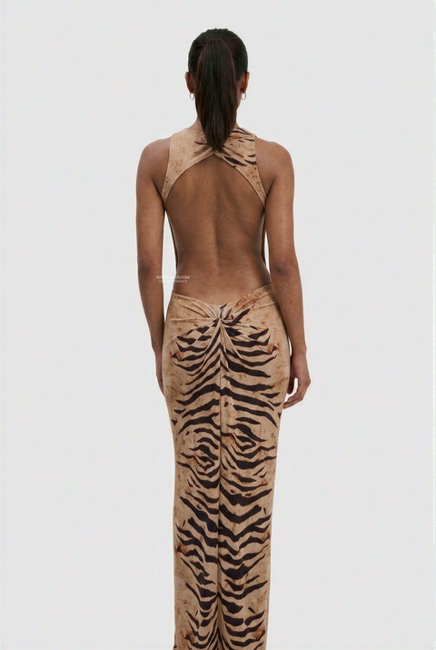 Sleeveless Tiger Print Ruched Maxi Dress