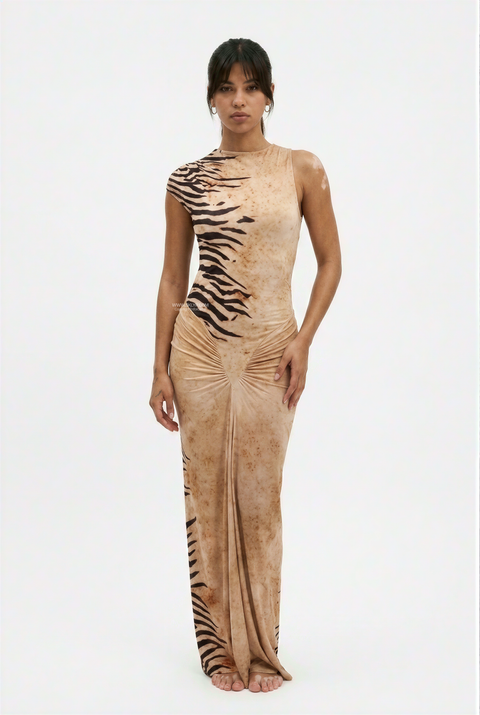 Sleeveless Tiger Print Ruched Maxi Dress