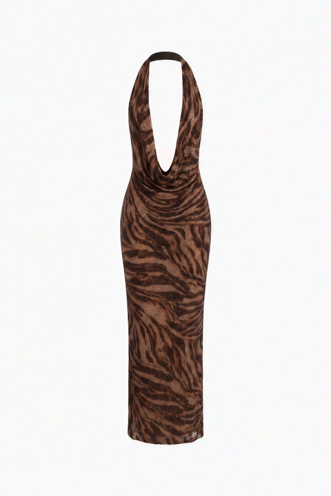 Brown Animal Print Halter Maxi Dress