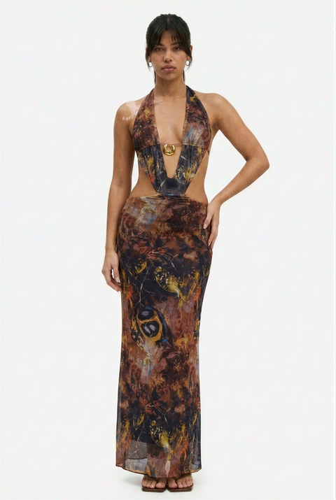 Mystic Print Plunge Cutout Dress