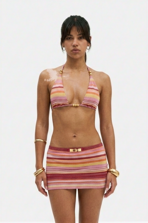 Sunset Stripe Halter Bikini and Mini Skirt Set