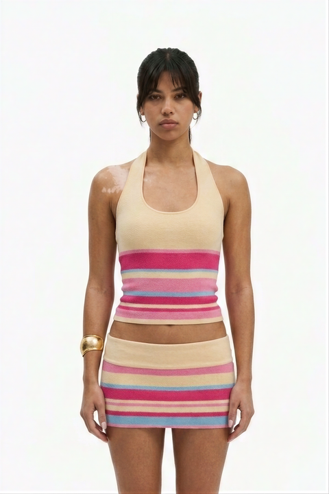 Ribbed Knit Striped Halter Top and Mini Skirt Set